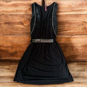 Anthropologie One September Black Beaded Trim Fit & Flare Knit Mini Dress Medium